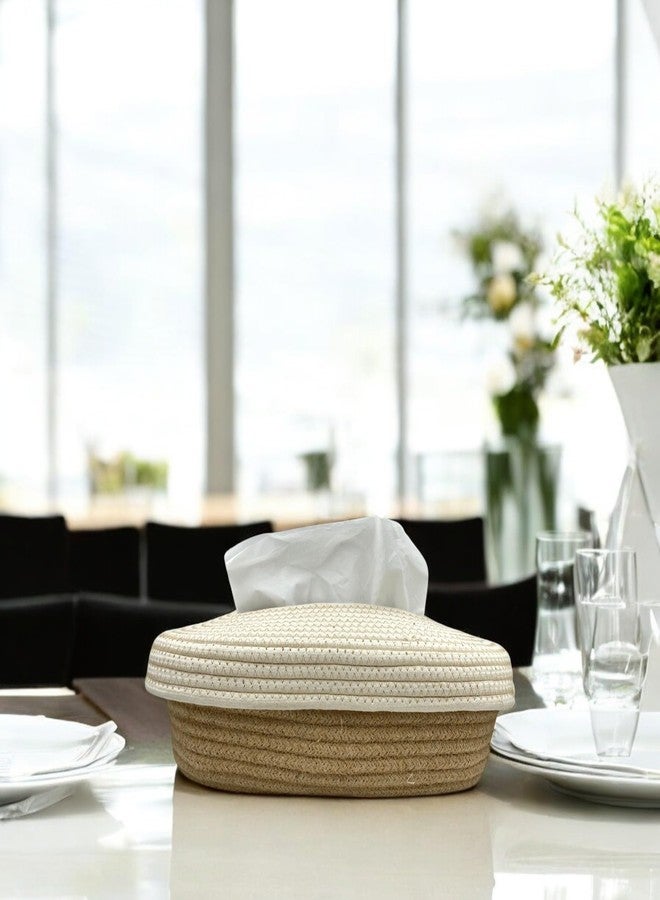 BOBBINY Jute Cotton Tissue Box Holder, Handcrafted Tissue Container for 100 Pulls Natural Tissue Holder for Office Living Bedroom Car Desk Dining Table Home Decor (Off White & Brown, Design 5) - Image 2